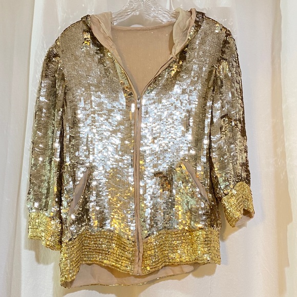 Betsey Johnson Jackets & Blazers - Gold Lame Bling Hoodie Sequin Zip Up XS